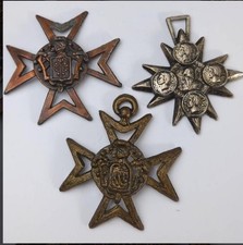 Antique Metal Star Medals w/ Relief Designs Fleur-de-Lis Shield Lot