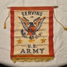 Vintage "Serving in U.S. Army" Fabric Pennant Banner Eagle Fringe Hanging Rod
