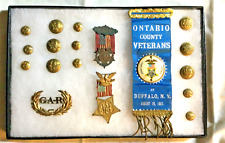 GAR Collection of Metals, Buttons, Hat Insiginia, Veteran Encampment Ribbon picture