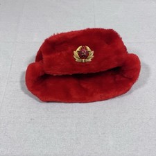 Soviet USSR Red Ushanka Hat Size 58 Medium Russian Faux Fur Ear Flap Trapper Cap