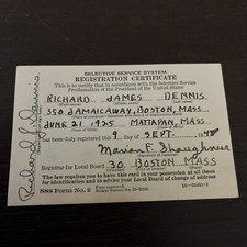 1943 US Military Selective Service Registration Certificate Boston Politician