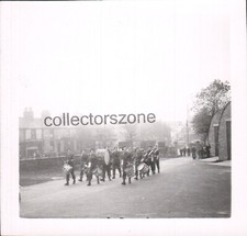 1950's British Army Band Marching  Unidentified Town Photo 2.25x2.25 In v4