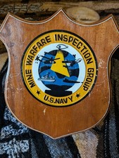 Vtg 12" Wood & Porcelain US Navy Ship Wall Plaque Mine Warfare Inspection Group