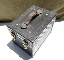 Vintage Military Ammo Box Wood Metal Locks Leather Handle picture