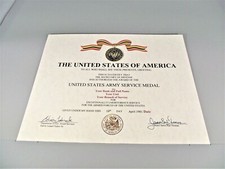 United States Army Service Medal Replacement Certificate-Not embossed