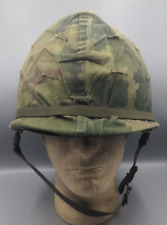 Vietnam War era US M-1 helmet with Mitchell camo cover with chinstrap, liner picture