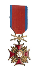 Polish Gold Cross of Merit with Swords WWII Medal Red Enamel Ribbon