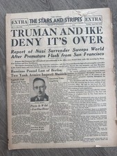 WWII The Stars and Stripes Paris Edition Truman & Ike Deny It’s Over - 2 copies