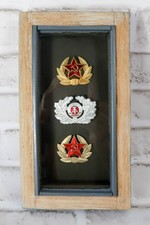 Cold War Soviet USSR East German NVA Military Cap Badges Framed Shadow Box Decor