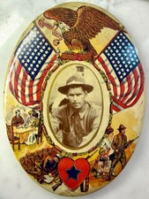 WWI Soldier Photo 48 Star Flags Patriotic Celluloid Oval Wall Plaque 8in