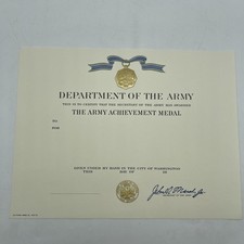 U.S. Military Department Of The Army Blank Achievement Medal Certificate 1981