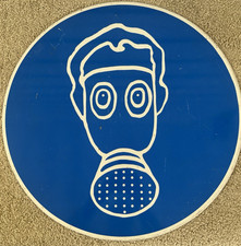 Vintage 23 1/4" Gas Mask Required BLUE ROUND METAL SIGN