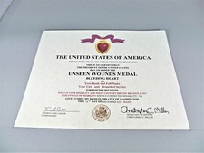 Unseen Wounds Medal "Bleeding Heart" Certificate VA Disability Rating 30%-100% 