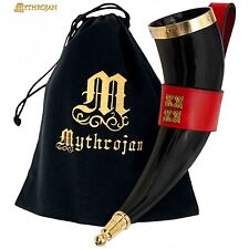 Viking Drinking Horn Brass Accented Red Leather Holder Strap Beer Mead Mug 350ML picture