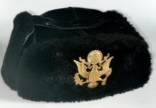 Vintage U.S. Army Black Winter Ushanka Trooper Cap Hat w Gold Great Seal Badge