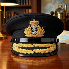 Royal Navy Admiral Captain Peaked Cap Black Gold Oak Leaf Visor Hat Naval Badge