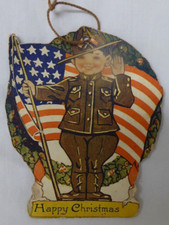 VINTAGE WWI ? HAPPY CHRISTMAS ORNAMENT / GIFT TAG AMERICAN FLAG / ARMY MAN