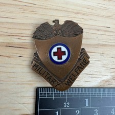 Vintage Military Red Cross Eagle Shield Pin Badge Brass Enamel