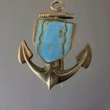 Vintage Blue Enamel St. Christopher Protect Us Medallion Pin Anchor Sailer Navy