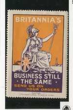 Poster Stamp Label BRITANNIA'S BUSINESS STILL THE SAME Send Us Your Orders WW2