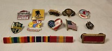 12 Total Military Pins and Ribbons and US Flag and Miscellaneous