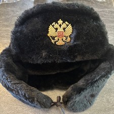 Soviet Russian Navy Uniform Black Ushanka Faux Fur Winter Hat Size 58 USSR #A