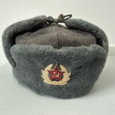 Genuine Grey Cap With Soviet Badge Flap Cossack Russian Trapper Hat Vintage