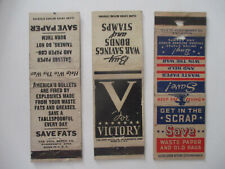 World War 2 Vintage Matchbook Lot War Bonds Homefront Save Fats Rags Paper WW2 picture