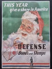 1944 WW2 AMERICA BUY DEFENSE BONDS STAMPS XMAS SANTA CLAUS PROPAGANDA POSTER 892
