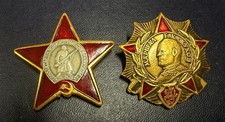 2 Soviet Russian Badges Lot Red Star Soldier Enamel + Marshal Zhukov
