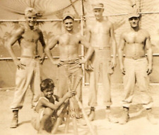 C.1940 WW2 NATIVE KID HOLDS BASEBALL BATS 4 SHIRTLESS SOLDIERS PHOTO MILITARY F5 picture