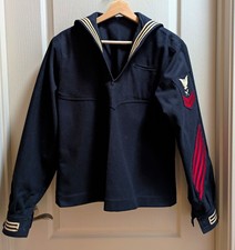 Navy Wool Sailor Peacoat Uniform Top w/ Rank Insignia, Red Stripes, White Collar