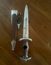 Double Edge Steel Dagger, Brown Plastic Handle, Sheath, Engraved Blade, Fob
