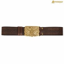 Urban Viking Leather Belt With Odin Raven Brass Buckle Embossed Accessory Brown picture