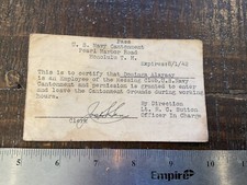 ORIGINAL WWII 1942 USN CANTONMENT HONOLULU HAWAII PASS TO NATIVE HAWAIIAN WORKER