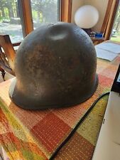 US Army M1 Steel Helmet Shell With Chin Strap Shrapnel Battle Damage Rear Seam picture