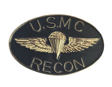 Marine Corps Hat Lapel Pin U.S.M.C. RECON Gold Jump Wings on Black Background picture