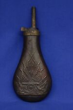 Brass Copper Powder Horn Flask w/ Crossed Rifles, Canon & Flags 7 7/8