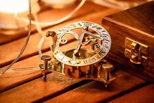 Brass Sundial Compass 3” Inch w/ Beautiful Wooden Box Antique Vintage Style Gift picture
