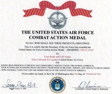 United States Air Force Combat Action Medal Replacement Certificate