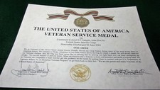 THE VETERAN SERVICE MEDAL CERTIFICATE Army Navy Air Force Marines Coast Guard 
