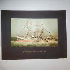 WWI German Navy Print SMS König Wilhelm Schulschiff Chromolitho Gilt Title Ship