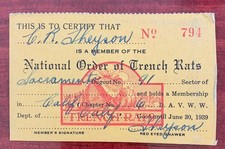 NATIONAL ORDER OF TRENCH RATS 1939 Membership Sacramento Ca formed after WWI