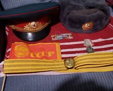 authentic soviet union uniform hat, ribbons, belt, medal and mini-flag. picture
