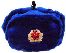 Authentic Russian Ushanka Blue Military Hat w/ Soviet Red Army Badge  picture