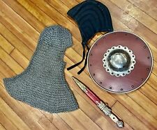 Vintage Medieval Armor Lot With Riveted Coif, Padded Hat, Buckler And Dagger picture